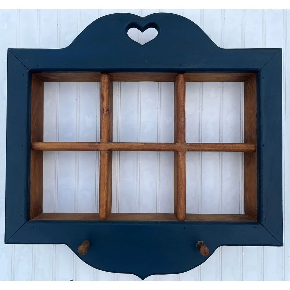Vintage Wooden Shadow Box Wall Shelf Heart Cutout Navy Blue 6 Cubby 2 Pegs